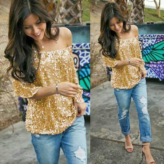 Blouse féminine à manches courtes avec sequins